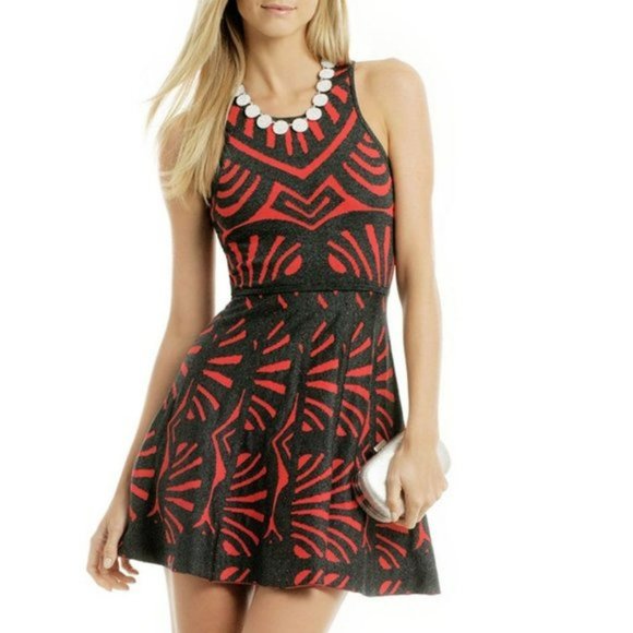 Parker Red and Black Tribal Sleeveless Fit  &  Flare Clarence Dress XS - Picture 1 of 7